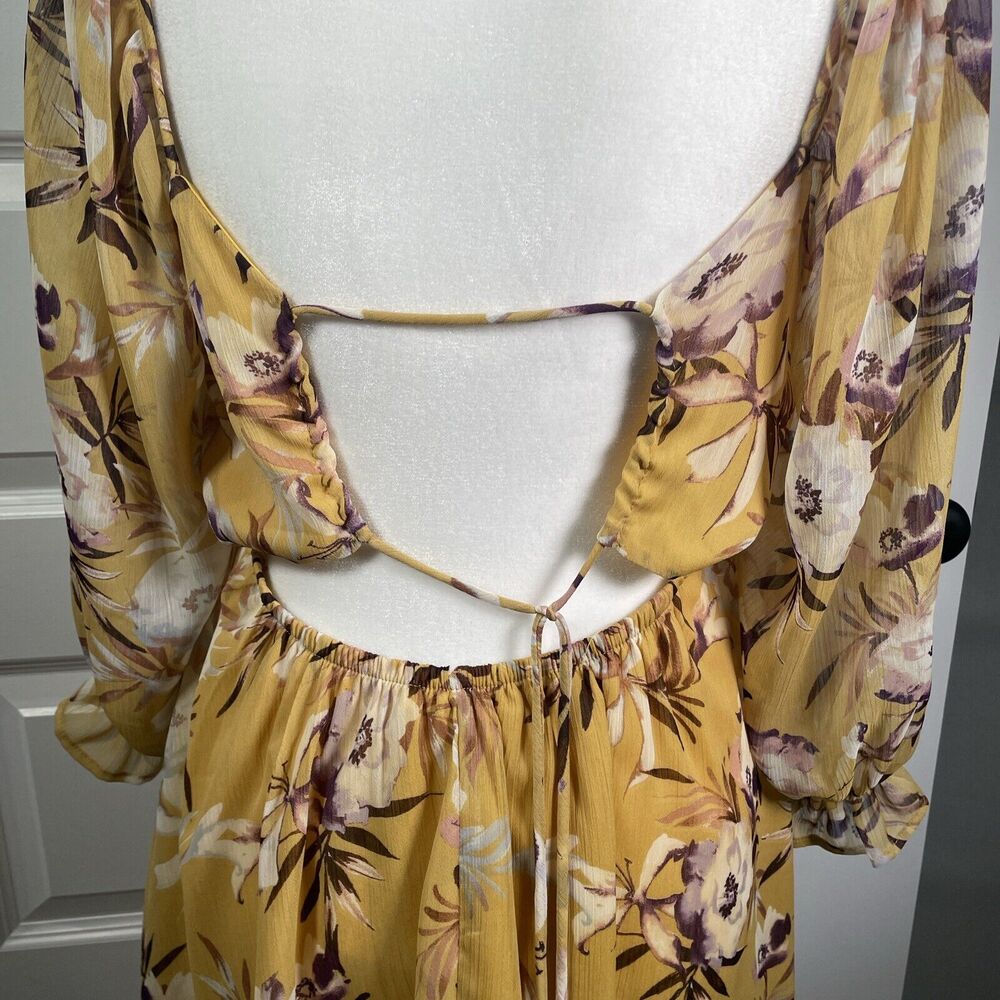 By Together Mustard Floral Open Back Dress Sheer Sleeve Size Medium Shoe Fly - Picture 8 of 11